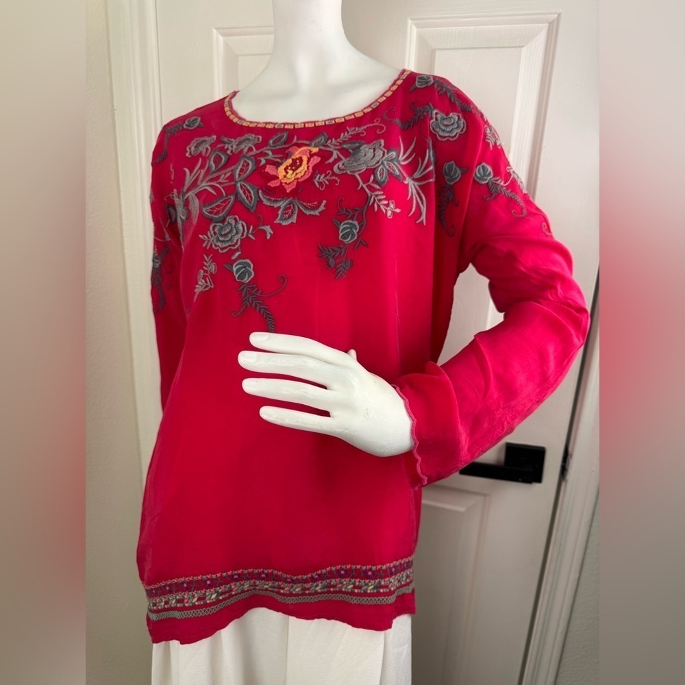 Johnny Was Womens Embroidered Floral Pink Tunic Swing Top Small Shirt Blouse